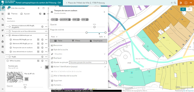 Vue de travail dans la nouvelle version du portail cartographique du canton de Fribourg développée avec _maps.