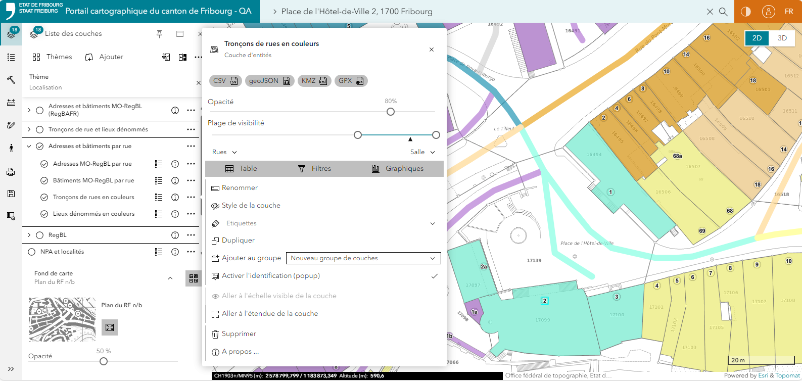 Vue de travail dans la nouvelle version du portail cartographique du canton de Fribourg développée avec _maps.